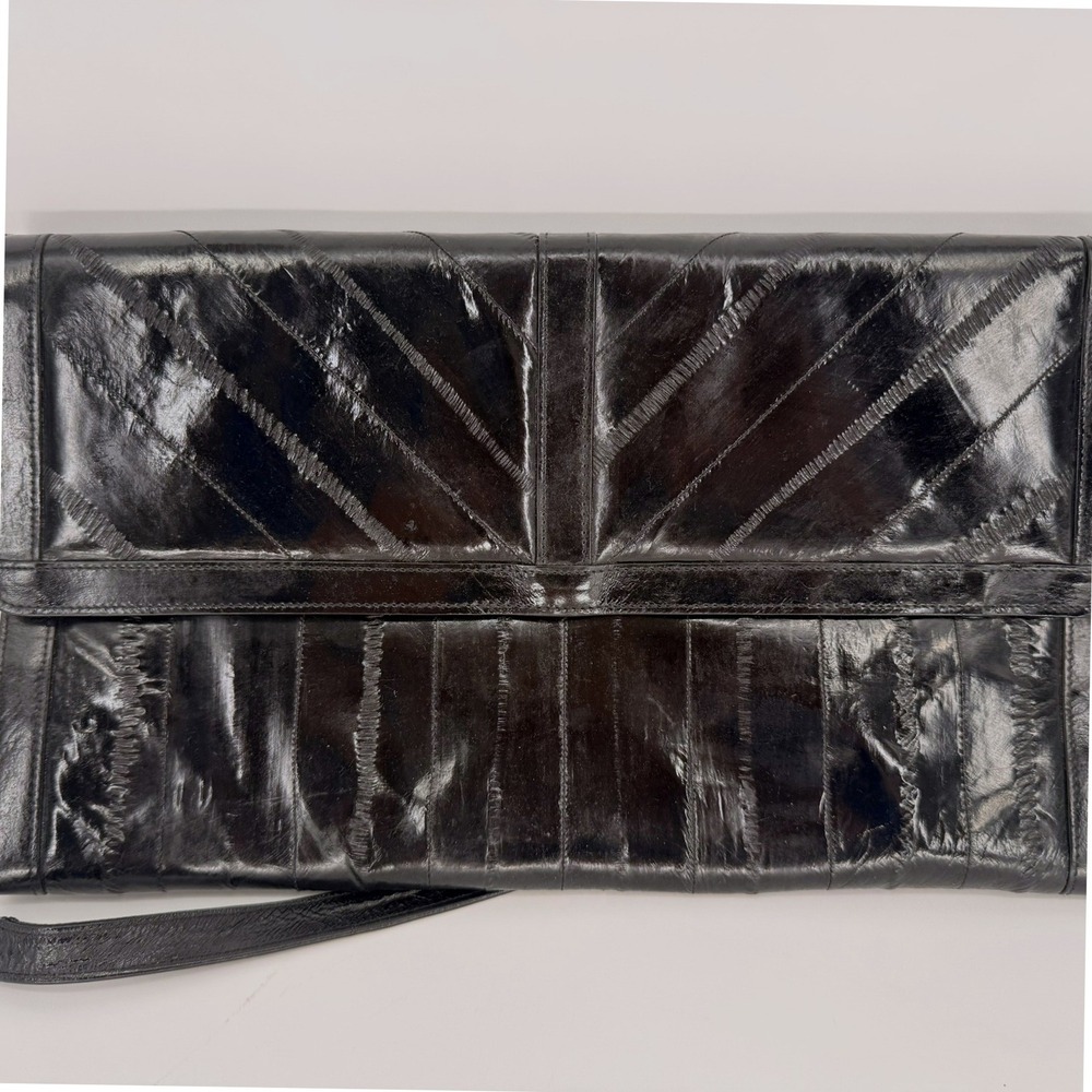 Vintage Black Eel Skin‎ Patchwork Convertible Shoulder Bag Clutch 80s Retro
